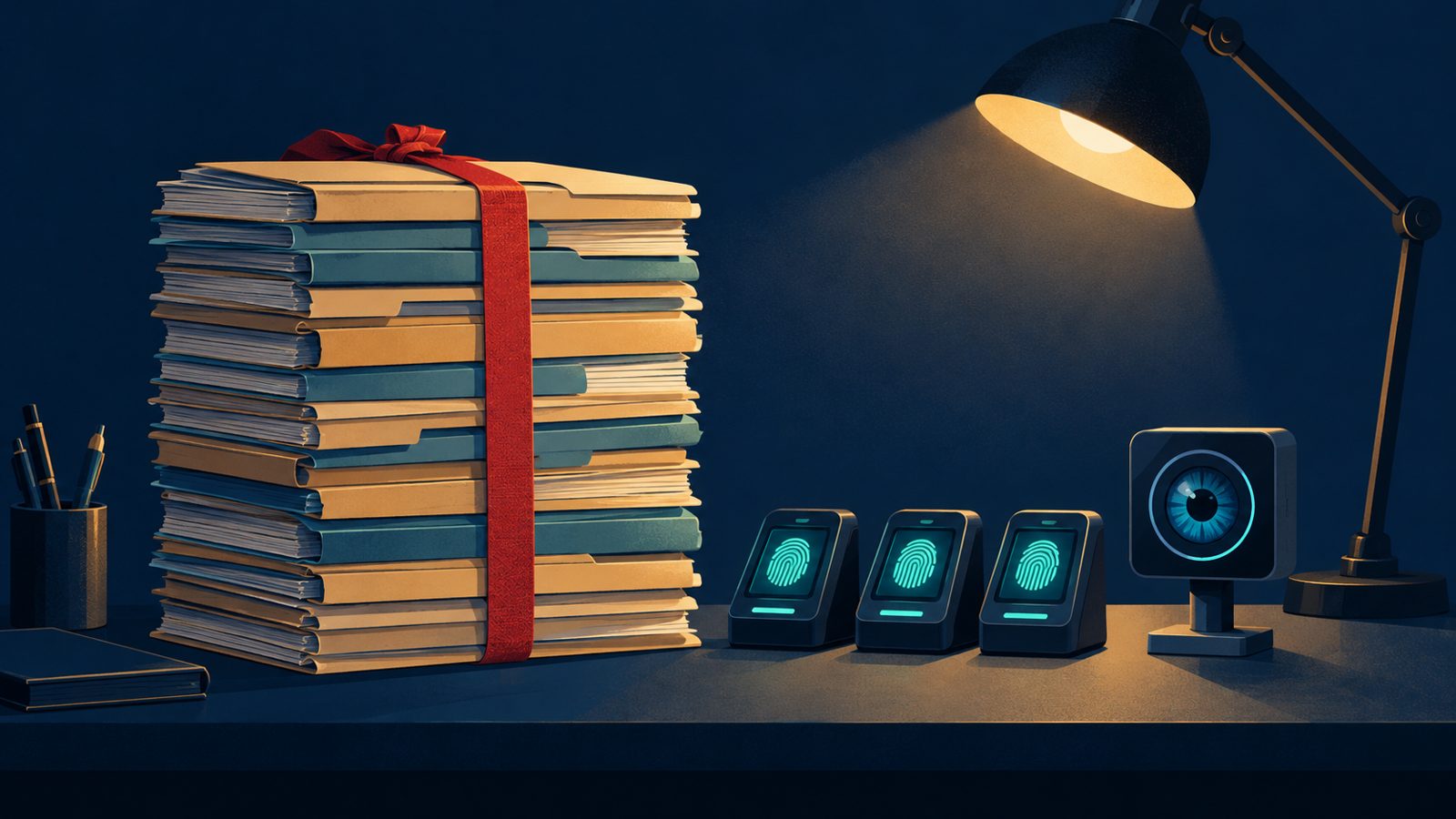 A stack of contract folders tied with tape beside fingerprint scanners and an iris camera