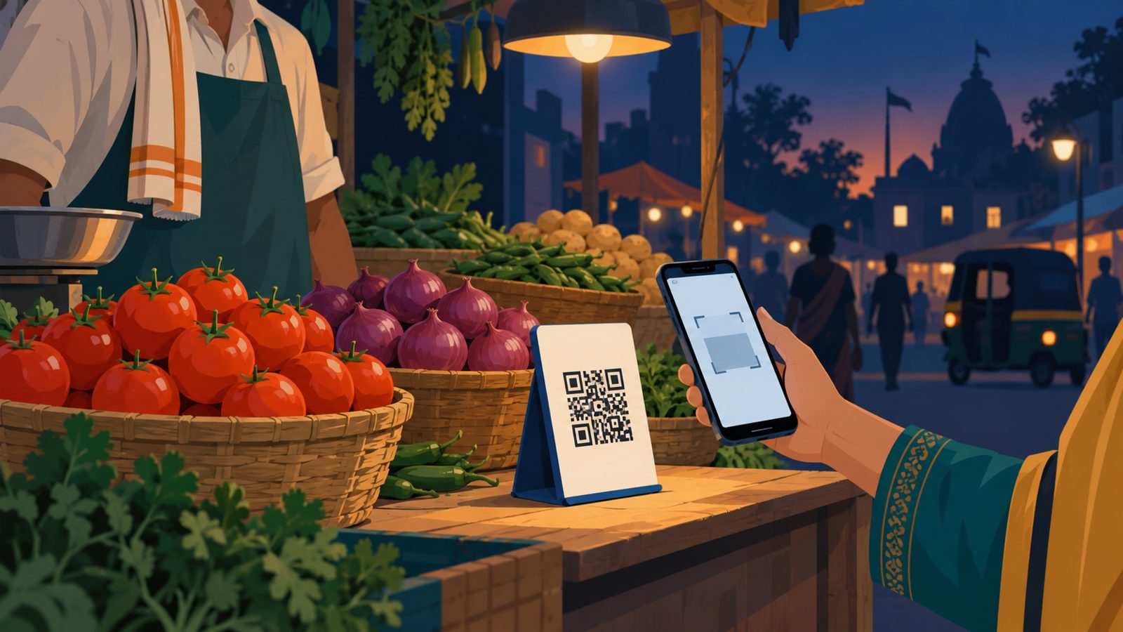 A street vegetable stall with a QR code stand and a phone held up to pay