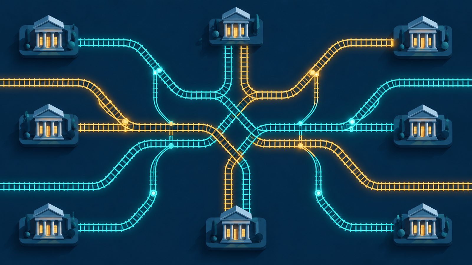 Glowing tracks branching and merging between small bank buildings like a switchboard