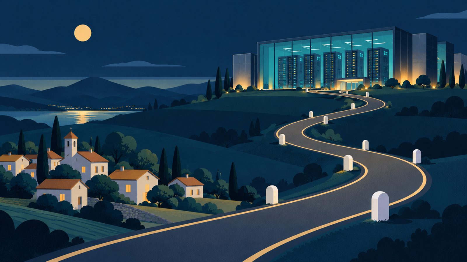 A road of milestones winding from a village to a glass data centre